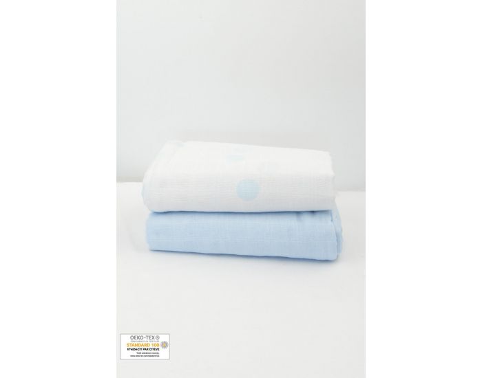 KADOLIS Lot de 2 Maxi langes 100% coton bio imprims Ronds Bleu ciel 120 x 120 cm (7)