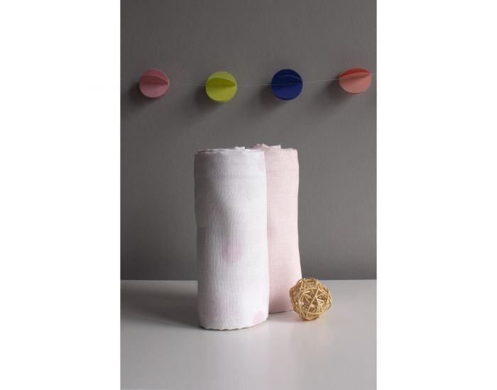 KADOLIS Lot de 2 Maxi langes 100% Coton Bio imprims Ronds Rose ple  120 x 120 cm (1)