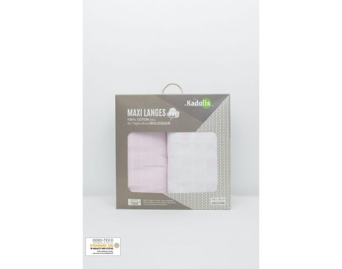 KADOLIS Lot de 2 Maxi langes 100% Coton Bio imprims Ronds Rose ple  120 x 120 cm (9)