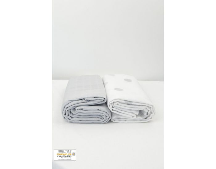 KADOLIS Lot de 2 Maxi langes 100% coton bio imprims Ronds Gris 120 x 120 cm (7)