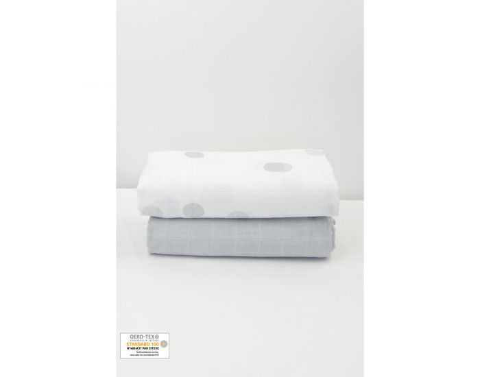 KADOLIS Lot de 2 Maxi langes 100% coton bio imprims Ronds Gris 120 x 120 cm (9)