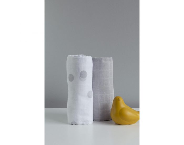 KADOLIS Lot de 2 Maxi langes 100% coton bio imprims Ronds Gris 120 x 120 cm (1)