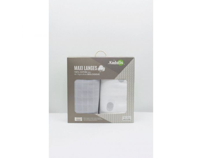 KADOLIS Lot de 2 Maxi langes 100% coton bio imprims Ronds Gris 120 x 120 cm (5)