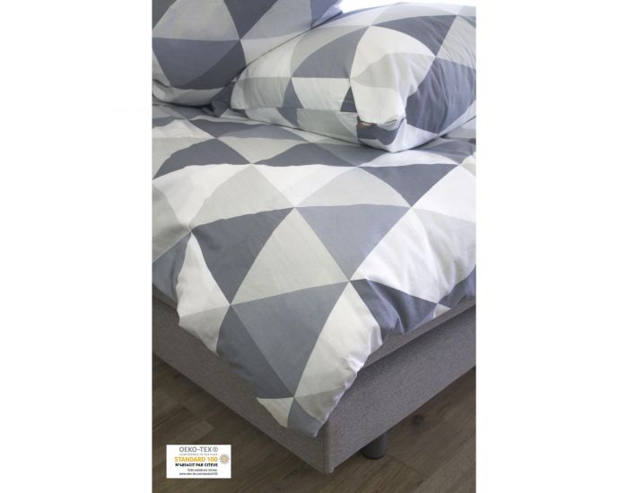 KADOLIS Housse de couette adulte en coton bio motifs triangles gris + taies (1)