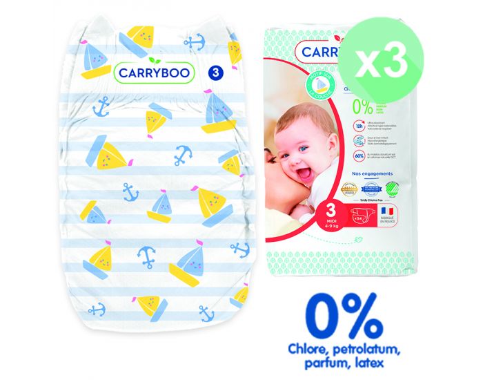 CARRYBOO Couches cologiques Dermo-Sensitives T3 - 4  9 kg - 3x54 Couches (4)
