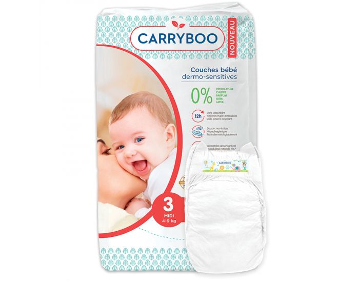 CARRYBOO Couches Ecologiques Dermo-Sensitives 4-9 kg Taille 3 Lot de 3 162 couches