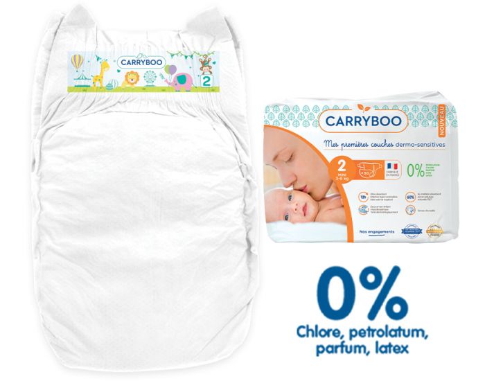 CARRYBOO Couches Ecologiques Dermo-sensitives T2 - 3 6Kg - 30 couches Blanc (1)