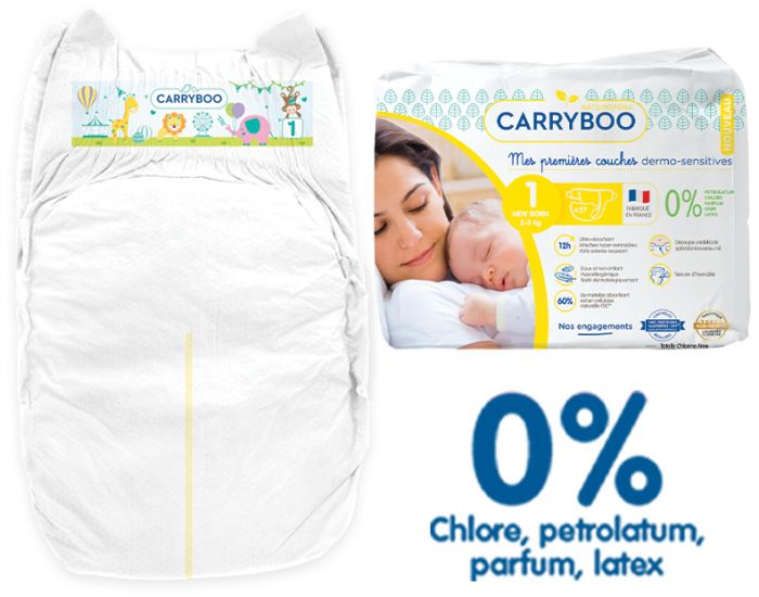 CARRYBOO Couches Ecologiques Dermo-sensitives T1 - 2  5Kg - 27 couches Blanc (1)