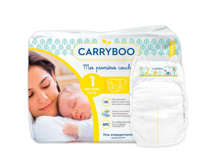 CARRYBOO Couches Ecologiques Dermo-sensitives T1 - 2  5Kg - 27 couches Blanc (3)