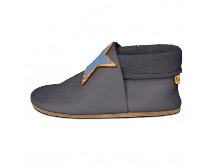 SEVIRA KIDS Chaussons Bb en Cuir Souple - Etoile Gris (1)