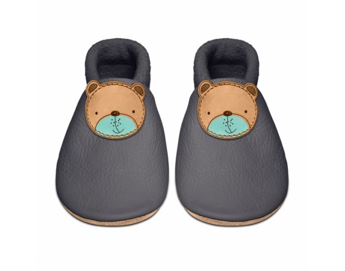 SEVIRA KIDS Chaussons Bb en Cuir Souple - Ourson Gris (6)