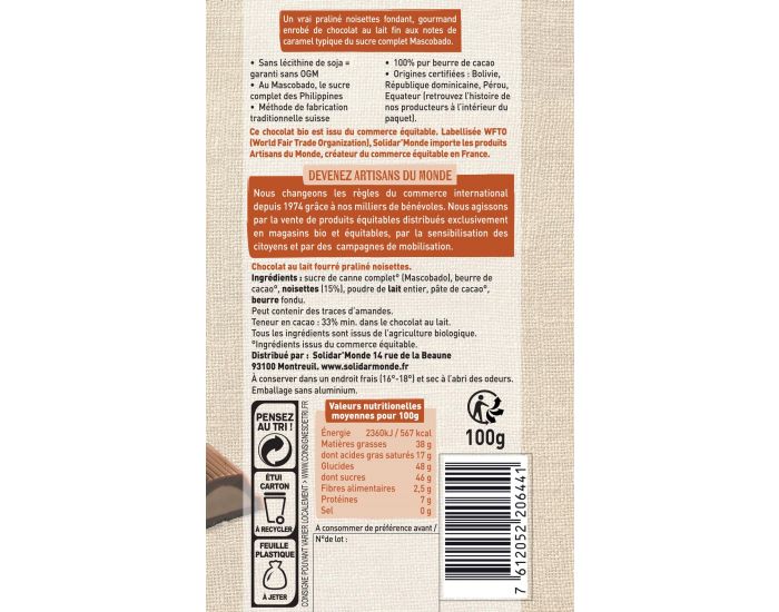 ARTISANS DU MONDE Chocolat au Lait �quitable et Bio Pralin� - 100g (1)