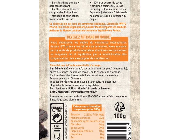 ARTISANS DU MONDE Chocolat Noir Equitable et Bio � l'Orange - 100gr (1)