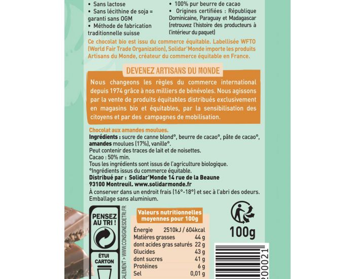 ARTISANS DU MONDE Chocolat Vegan bio Lait d'Amande - 100g (1)