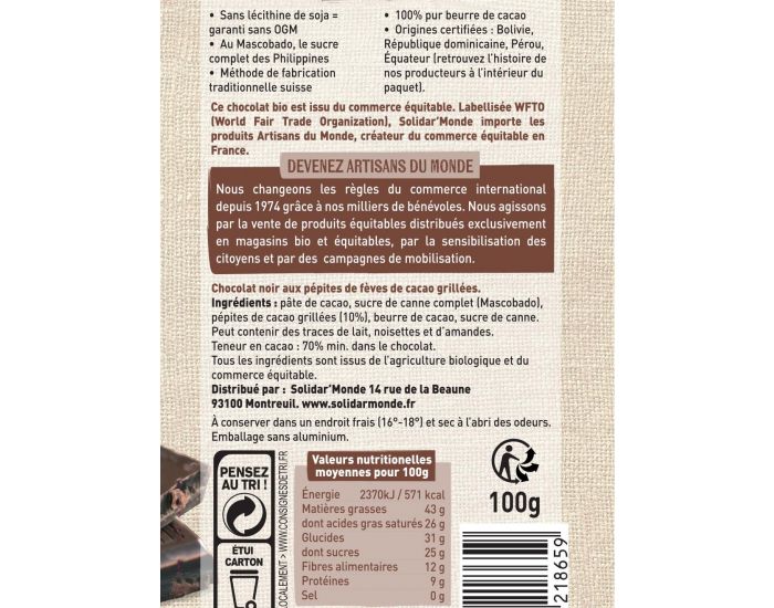 ARTISANS DU MONDE Chocolat Noir Equitable et Bio Ppites - 100g (1)
