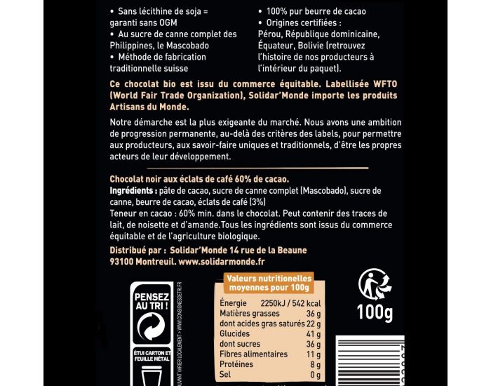 ARTISANS DU MONDE Chocolat Noir Bio aux Eclats de Caf - 100g (1)