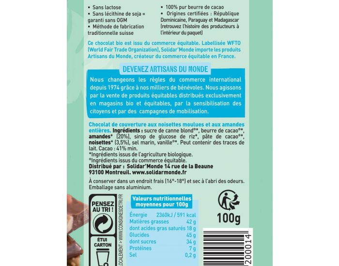 ARTISANS DU MONDE Chocolat Bio Vegan Croquant Amandes - 100g (1)