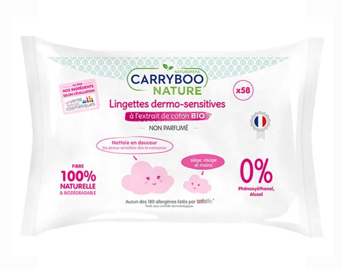 CARRYBOO Pack x3 Lingettes Dermo-Sensitives Sans Parfum  l'Extrait de Coton Bio -58 Lingettes (1)