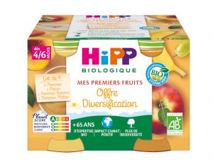 HIPP Mes Premiers Fruits - Pack Diversification - 4 x 125 g Pomme Poire Banane-Pêche Pomme-Raisin