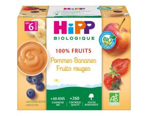 HIPP 100% Fruits Pommes Bananes Fruits rouges - 4 coupelles