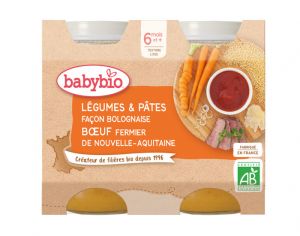 BABYBIO Petits Pots Menu du Jour - 2 x 200g - Dès 6 Mois Légumes Pâtes Bolognaise Boeuf