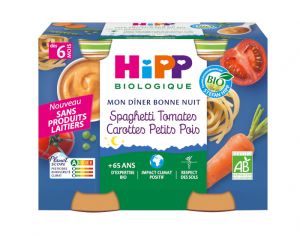 HIPP Mon Diner Bonne Nuit - 2 x 190 g  Spaghetti Tomates Carottes Petits Pois - 6M