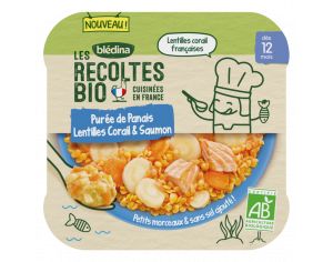 BLEDINA Les Récoltes Bio - 5 Assiettes Purée de Panais - Lentilles Corail - Saumon 230g -Dès 12 Mois
