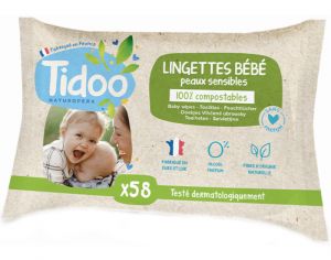 TIDOO Lingettes Bébé Bio Compostables Sans Parfum au Calendula Bio - 58 Lingettes
