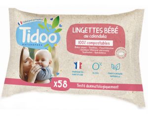 TIDOO Lingettes Bébé Bio Compostables au Calendula Bio et Parfum Naturel - 58 Lingettes