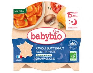 BABYBIO Assiette Menu Vgtal - 190 g ou 230 g - Ds 12 ou 15 mois Ravioli Butternut Sauce aux Tomates et Champignons - 190g - Ds 15 mois