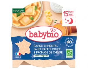 BABYBIO Assiette Menu Vgtal - 190 g ou 230 g - Ds 12 ou 15 mois Ravioli Emmental Sauce Patate Douce Fromage de Chvre - 190 g - Ds 15 mois