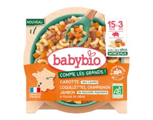 BABYBIO Assiette Menu Comme les Grands - 190 g ou 200 g - Ds 15 mois Carotte des Landes Champignons Coquillettes Jambon