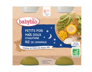 BABYBIO Petits Pots Bonne Nuit - 2x200g - Dès 6 mois Petits Pois & Maïs doux d'Aquitaine - Riz - 6 M