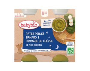 BABYBIO Petits Pots Bonne Nuit - 2x200g - Dès 6 mois Pâtes Perles - Epinard & Fromage de Chèvre - 8M