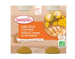 BABYBIO Petits Pots Menu du Jour - 2x200g - Dès 8 mois Maïs Doux & Poulet Fermier du Poitou - 8 mois