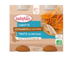 BABYBIO Petits Pots Menu du Jour - 2x200g - Dès 8 mois Carotte des Landes, Potimarron & Truite - 8 mois