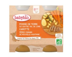 BABYBIO Petits Pots Menu du Jour - 2x200g - Dès 8 mois PDT, Carotte & Veau Fermier d'Aquitaine et du Limousin - 8 mois