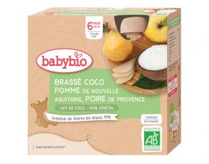 BABYBIO Gourde Brassé Végétal - 4x85 g - Dès 6 mois Lait de Coco Pomme d'Aquitaine Poire