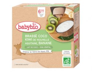 BABYBIO Gourde Brassé Végétal - 4x85 g - Dès 6 mois Lait de Coco Kiwi d'Aquitaine Banane