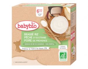 BABYBIO Gourde Brassé Végétal - 4x85 g - Dès 6 mois Riz Pêche d'Occitanie Poire de Provence
