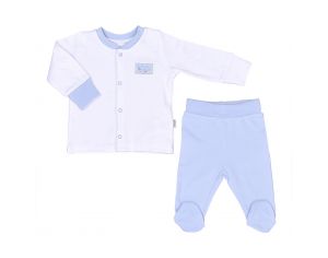 BEBESEO Pyjama 2 Pièces 100% Bio Bleu Pull + Pantalon Avec Boutons Pressoirs Et Broderies